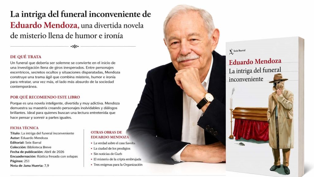 Reseña gráfica de la novela La intriga del funeral inconveniente de Eduardo Mendoza, reseña de Janu Huerta