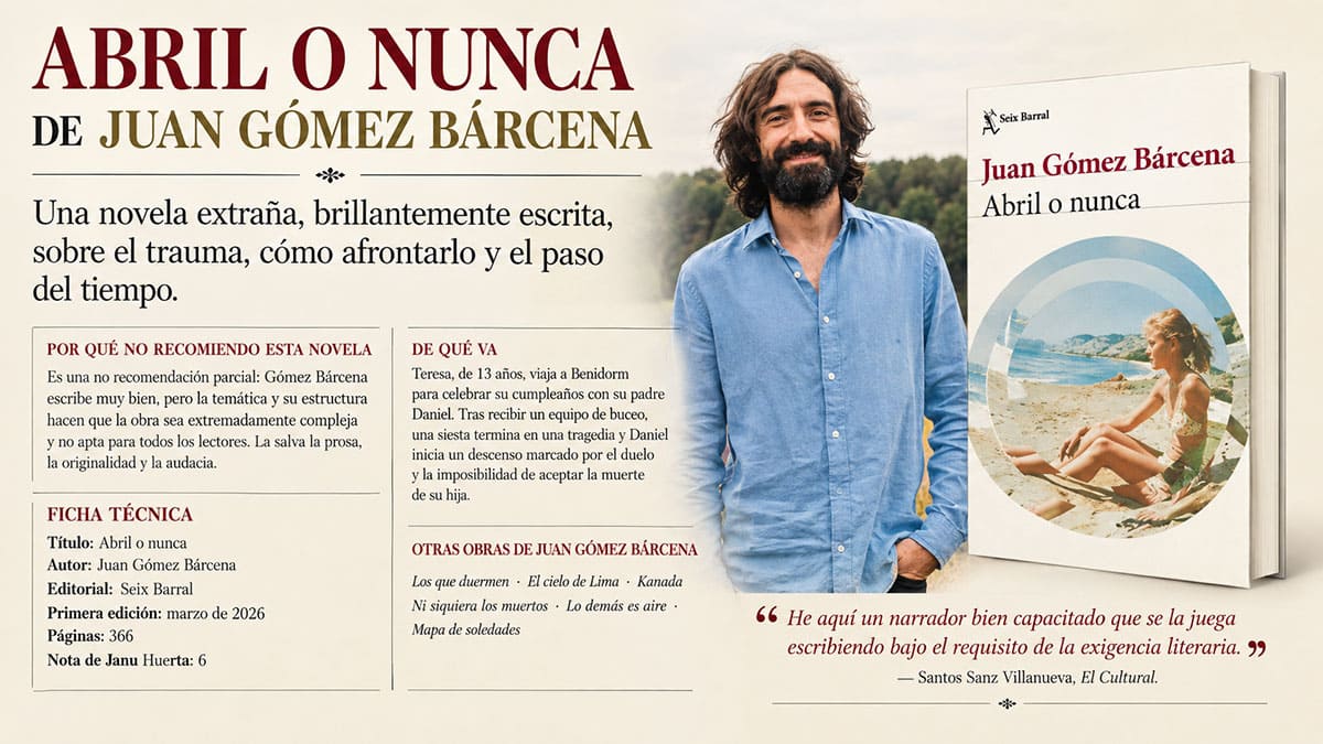 Reseña grafica de la novela Abril o nunca, la última novela de Juan Gómez Bárcena por Janu Huerta